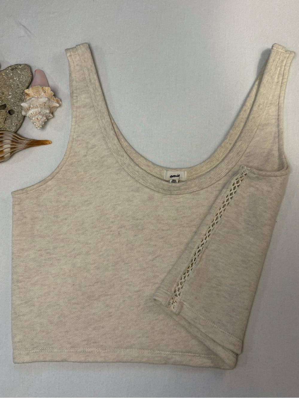Aerie Summer House Crochet Side Stitch Cropped Tank Top in Oatmeal - Size Small
